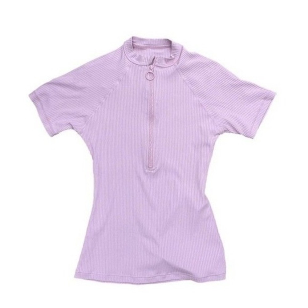 Linea Aqua J. Crew Swim Top Lilac Purple Ribbed Knit Zip Collar Short Sleeve Sw